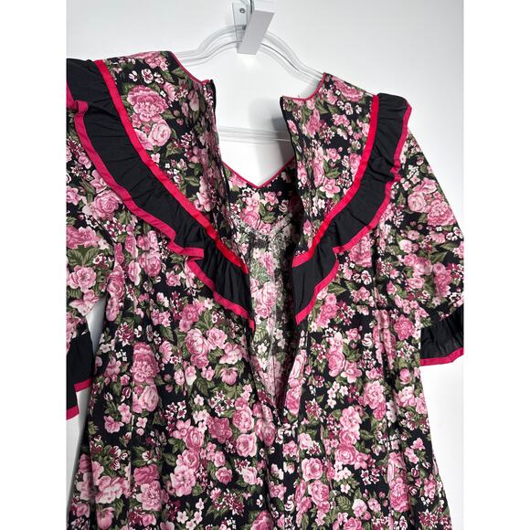 1980s Malumi Hawaii Floral Prairie Dress Pink Roses Ruffle Trim Size Large - Picture 11 of 14